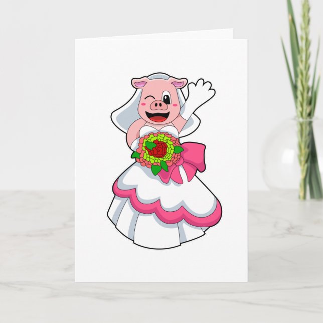 Pig with Wedding dress & Bunch of Flowers Card (Front)