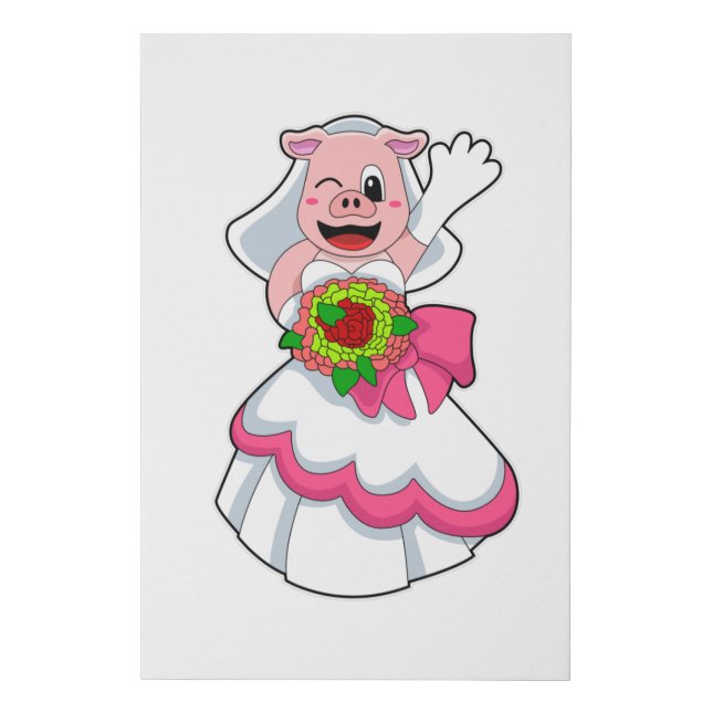 Pig with Wedding dress & Bunch of Flowers Faux Canvas Print (Front)