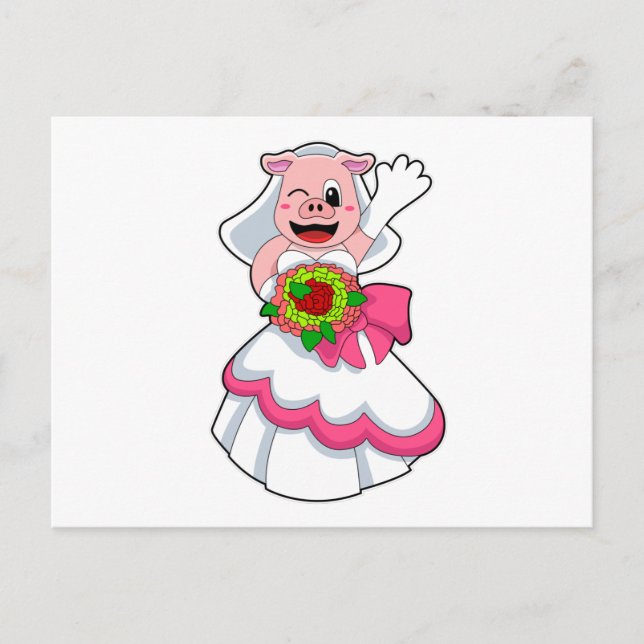 Pig with Wedding dress & Bunch of Flowers Postcard (Front)