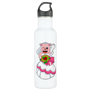 Pig with Wedding dress & Bunch of Flowers Stainless Steel Water Bottle
