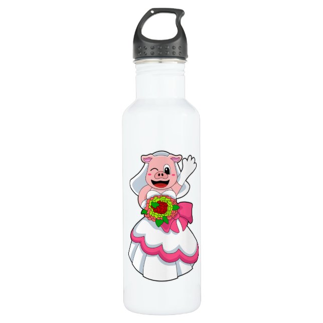 Pig with Wedding dress & Bunch of Flowers Stainless Steel Water Bottle (Front)