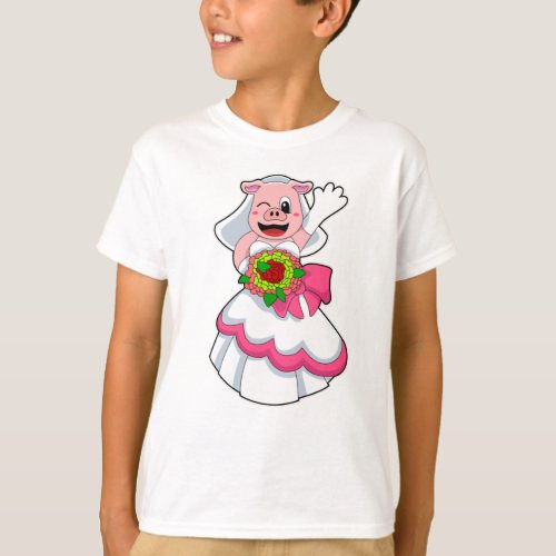 Pig with Wedding dress  Bunch of Flowers T_Shirt