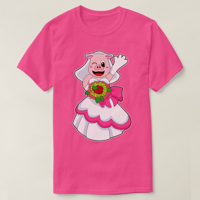 Pig with Wedding dress Bunch of Flowers T-Shirt (Design Front)