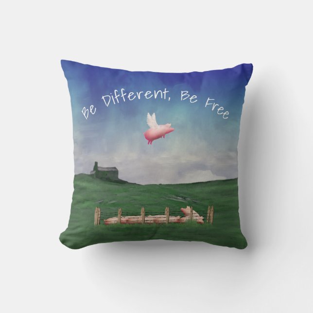 Pig With Wings-Be Different, Be Free Throw Pillow (Front)