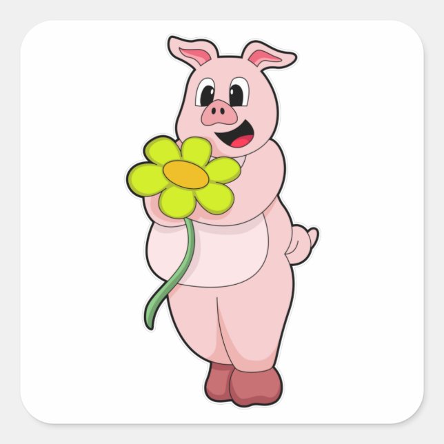 Pig with yellow Flower Square Sticker (Front)