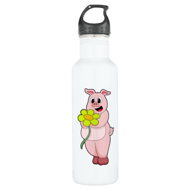 Pig with yellow Flower Stainless Steel Water Bottle (Front)