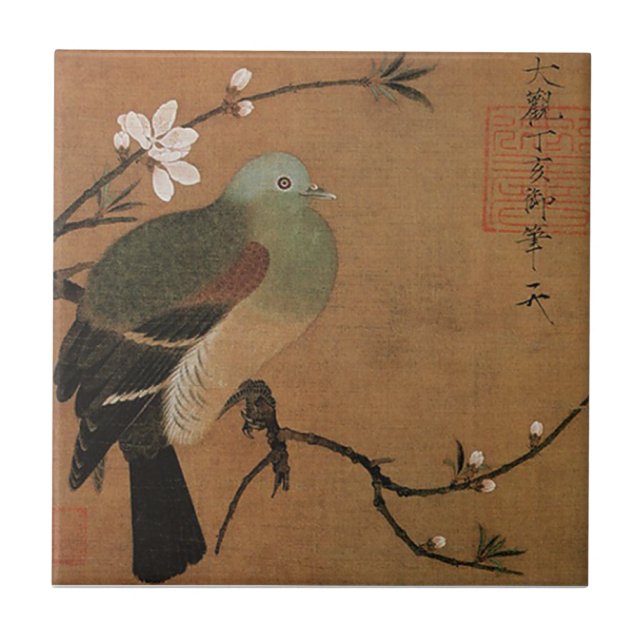 Pigeon and blossoms - Momohatozu Ceramic Tile (Front)