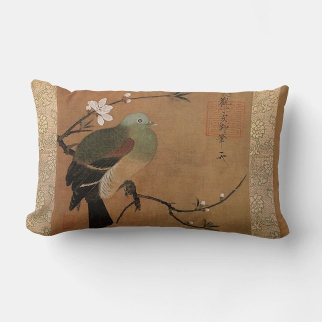 Pigeon and peach blossom lumbar pillow (Front)