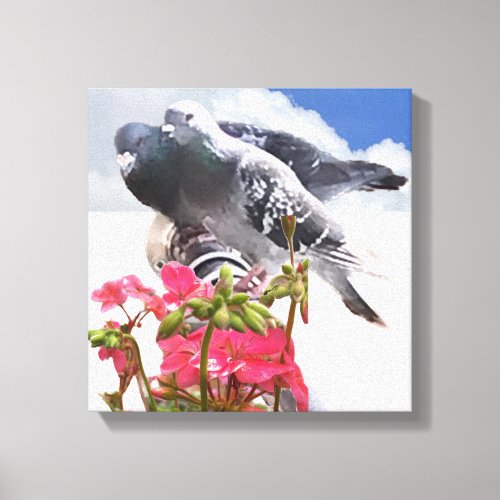 Pigeon and Pink Geranium Flowers Canvas Print