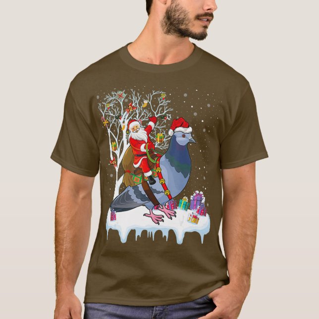 Pigeon Bird Lover Xmas Gift Santa Riding Pigeon T-Shirt (Front)