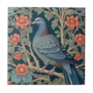 Pigeon Bird William Morris style Left Red Flowers Ceramic Tile