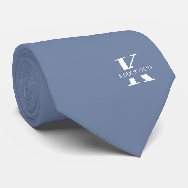 Pigeon Blue | Elegant Monogram + Name | Two-Sided Neck Tie (Rolled)