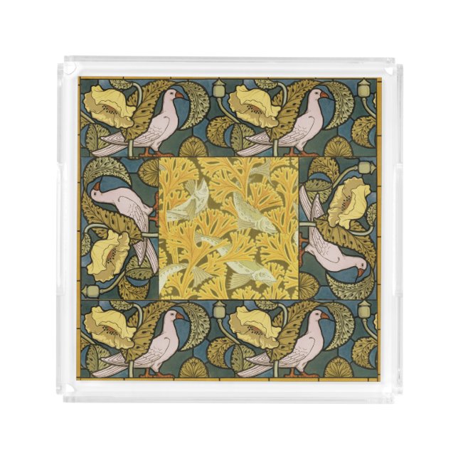 Pigeon Blue Yellow Fish Art Nouveau Acrylic Tray (Front)