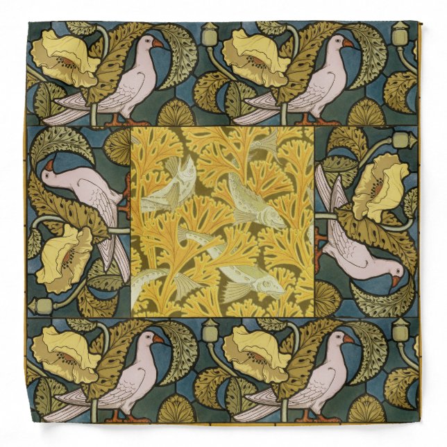 Pigeon Blue Yellow Fish Art Nouveau Bandana (Front)