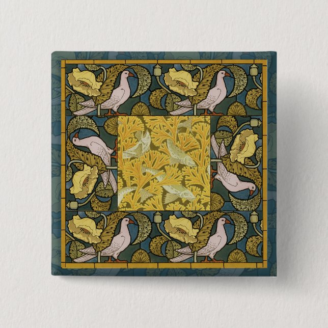 Pigeon Blue Yellow Fish Art Nouveau Button (Front)