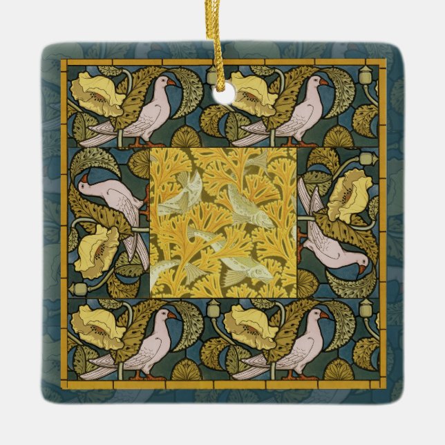 Pigeon Blue Yellow Fish Art Nouveau Ceramic Ornament (Front)