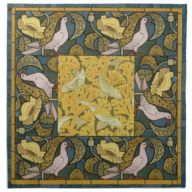 Pigeon Blue Yellow Fish Art Nouveau Cloth Napkin (Front)