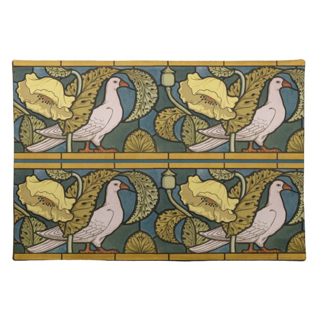 Pigeon Blue Yellow Fish Art Nouveau Cloth Placemat (Front)