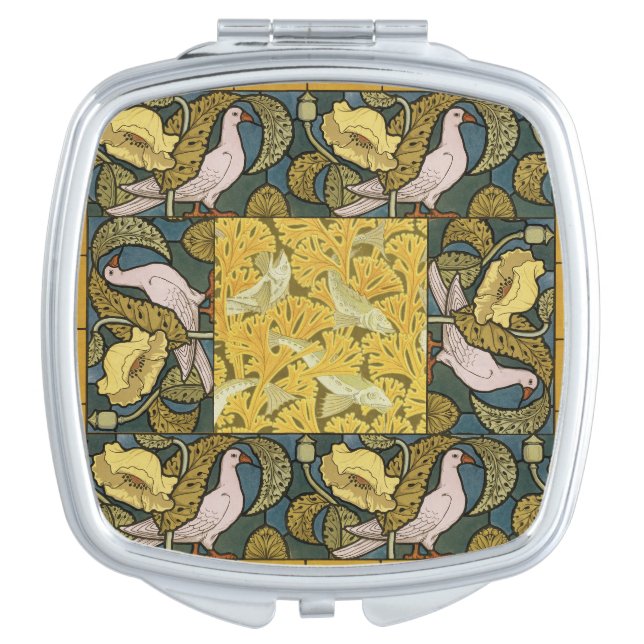 Pigeon Blue Yellow Fish Art Nouveau Compact Mirror (Front)