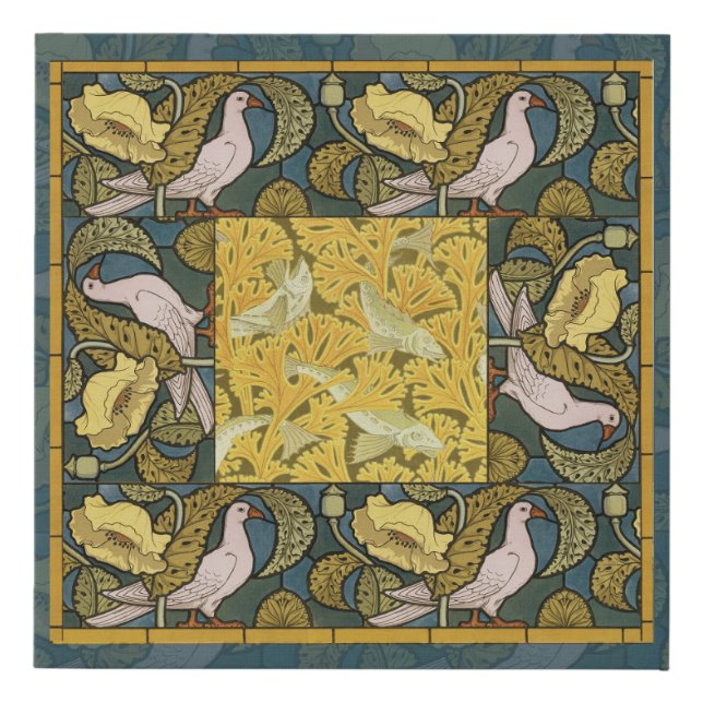 Pigeon Blue Yellow Fish Art Nouveau Faux Canvas Print (Front)