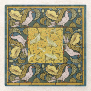 Pigeon Blue Yellow Fish Art Nouveau Glass Coaster