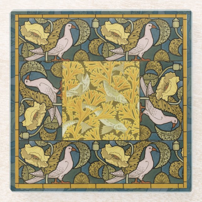 Pigeon Blue Yellow Fish Art Nouveau Glass Coaster (Front)