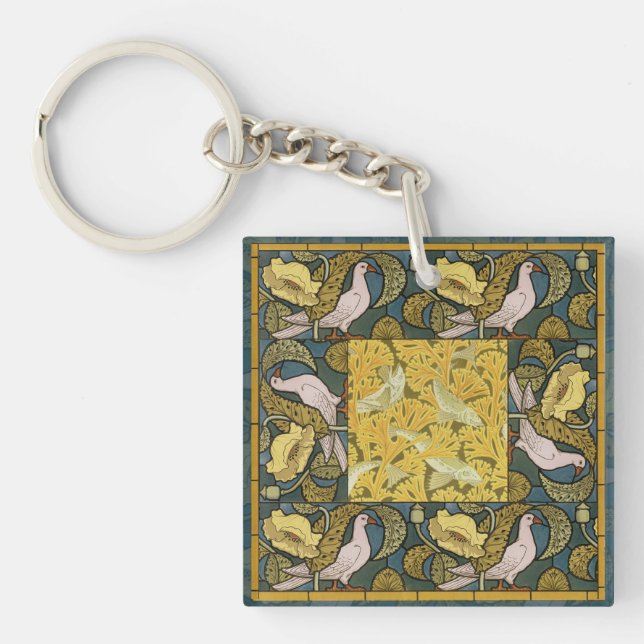 Pigeon Blue Yellow Fish Art Nouveau Keychain (Front)