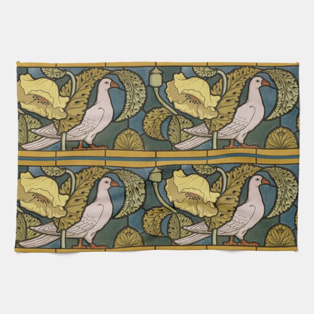 Pigeon Blue Yellow Fish Art Nouveau Kitchen Towel (Horizontal)