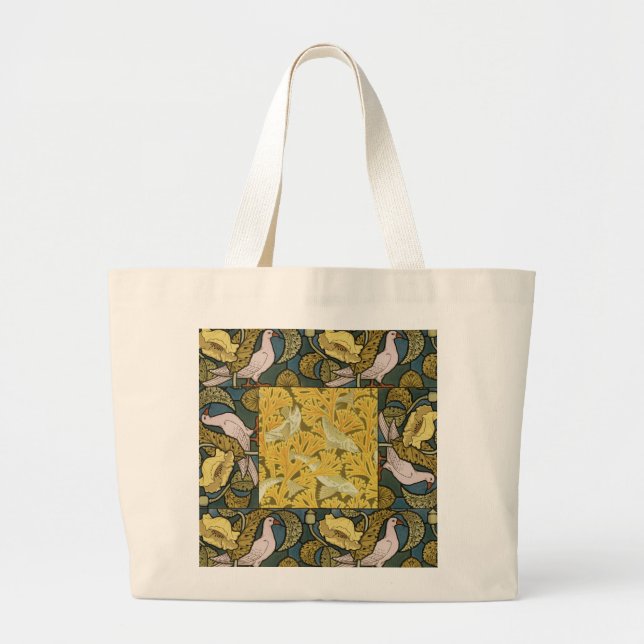 Pigeon Blue Yellow Fish Art Nouveau Large Tote Bag (Front)