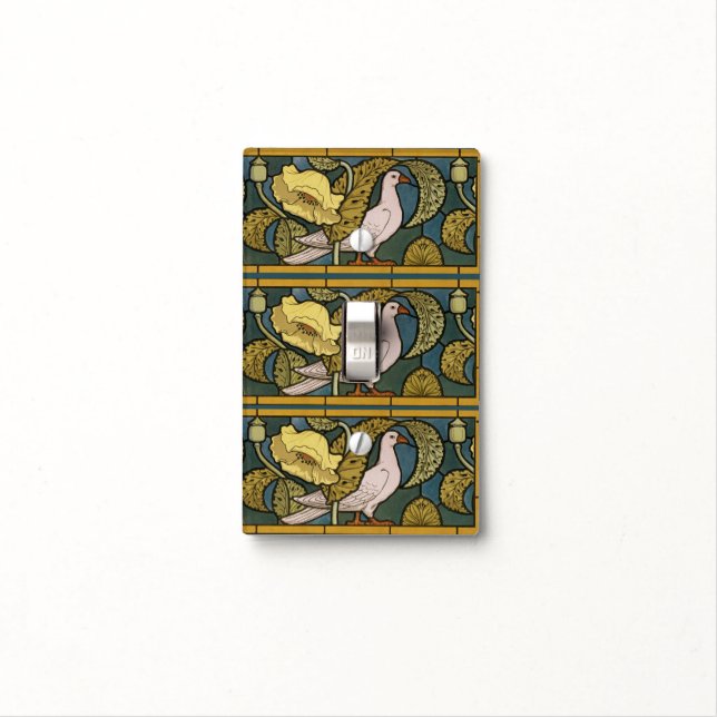 Pigeon Blue Yellow Fish Art Nouveau Light Switch Cover (In Situ)