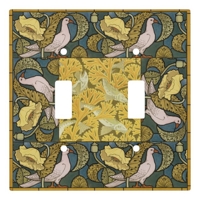 Pigeon Blue Yellow Fish Art Nouveau Light Switch Cover (Front)