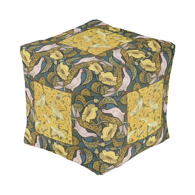 Pigeon Blue Yellow Fish Art Nouveau Pouf (Angled Back)