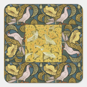 Pigeon Blue Yellow Fish Art Nouveau Square Sticker