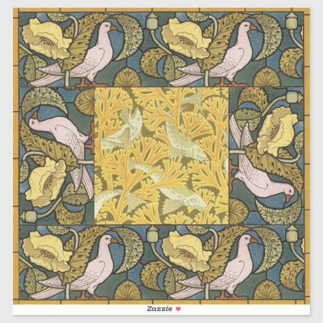 Pigeon Blue Yellow Fish Art Nouveau Sticker (Sheet)