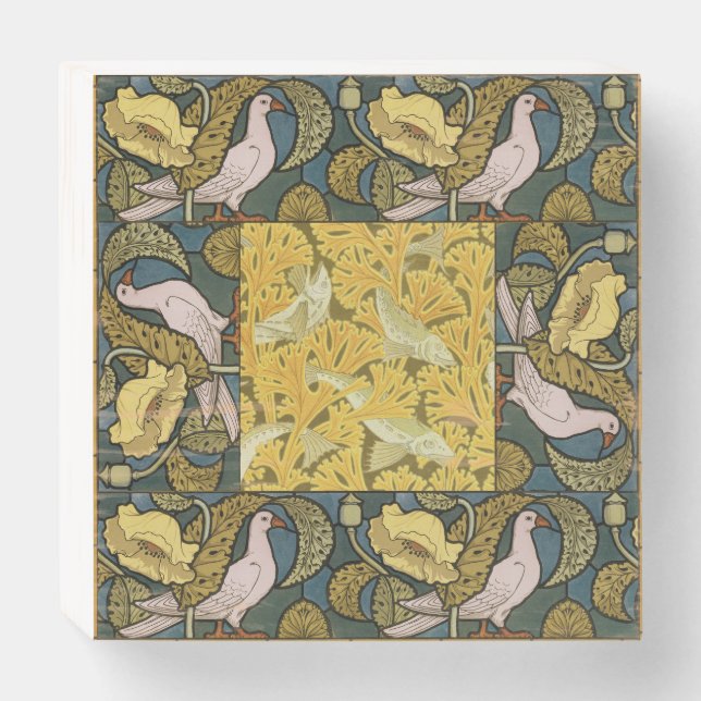 Pigeon Blue Yellow Fish Art Nouveau Wooden Box Sign (Front Horizontal)