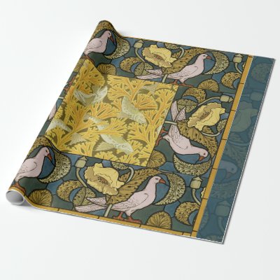 Pigeon Blue Yellow Fish Art Nouveau Wrapping Paper