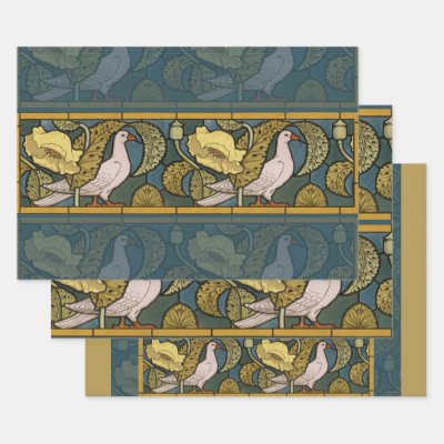 Pigeon Blue Yellow Fish Art Nouveau Wrapping Paper Sheets