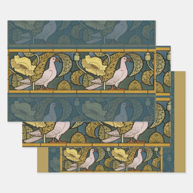 Pigeon Blue Yellow Fish Art Nouveau Wrapping Paper Sheets (Set)
