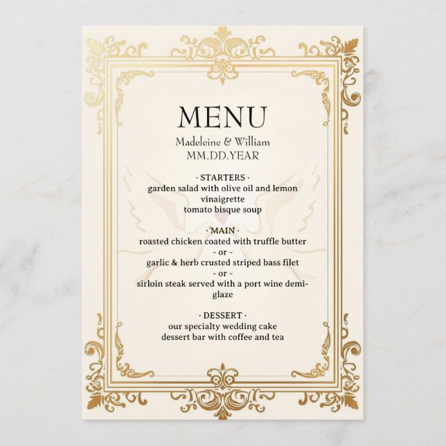 Pigeon Elegant Luxury Gold Wedding  Menu (Front)