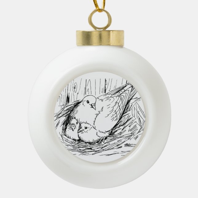 Pigeon Family Ceramic Ball Christmas Ornament (Front)