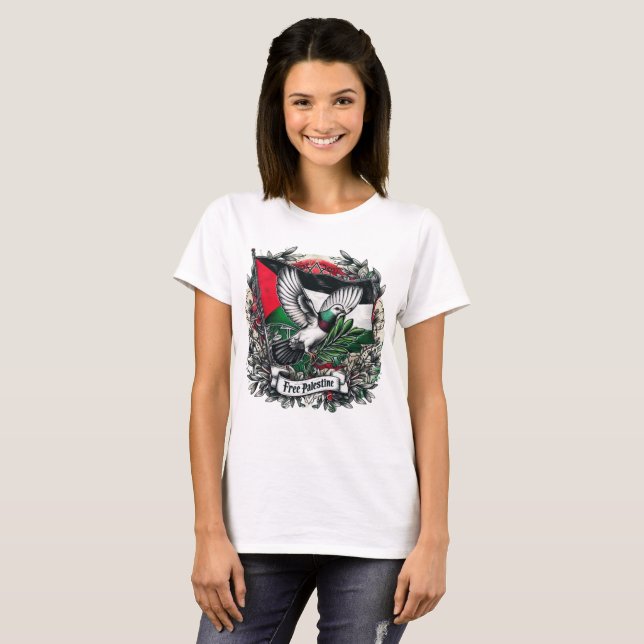 Pigeon holding olive's leaf free Palestine Flag T-Shirt (Front Full)