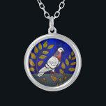 Pigeon illustration silver plated necklace<br><div class="desc">Beautifully designed illustration of a pigeon standing on the ground amidst stylized leaves. The background features a deep blue color with star-like dots,  enhancing the vibrant colors of the leaves and the pigeon.</div>