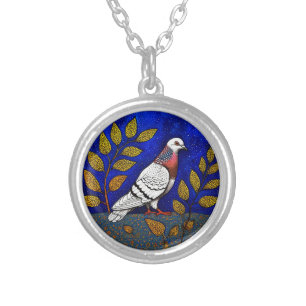 Pigeon illustration silver plated necklace
