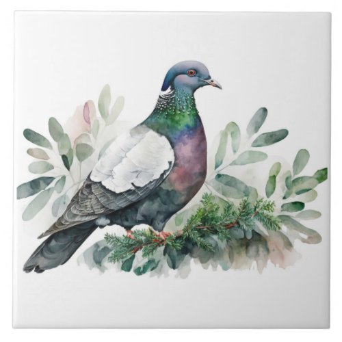 Pigeon On A Spruce Tree  Ceramic Tile