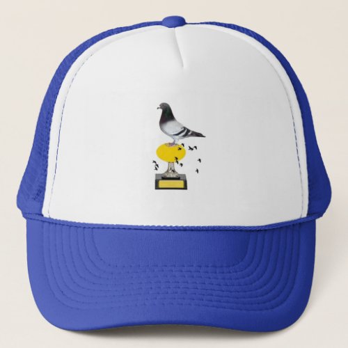 pigeon on trophy with golden egg trucker hat