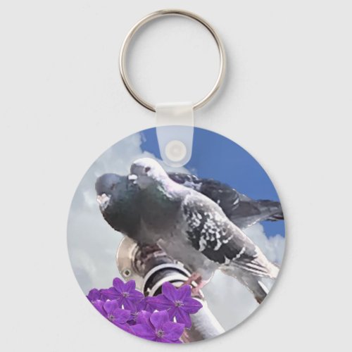 Pigeon Pair and Mauve Flowers   Keychain