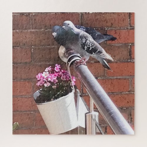 Pigeon Pair and Pink Flowers  Jigsaw Puzzle