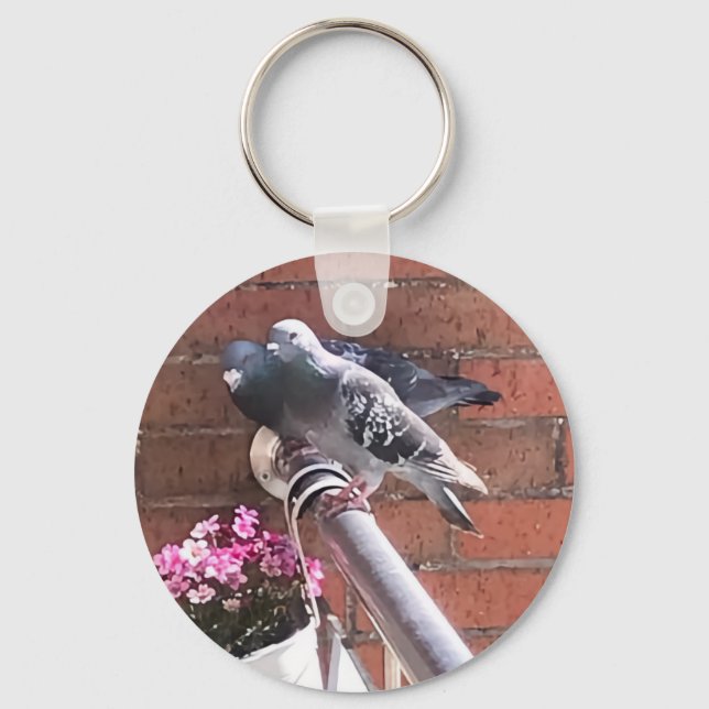 Pigeon Pair and Pink Flowers Keychain (Front)