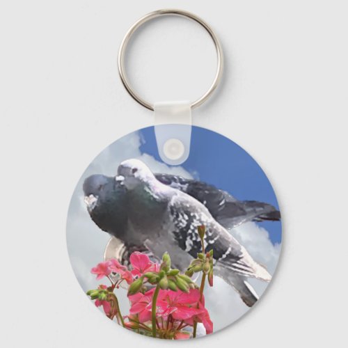 Pigeon Pair and Pink Geranium  Keychain