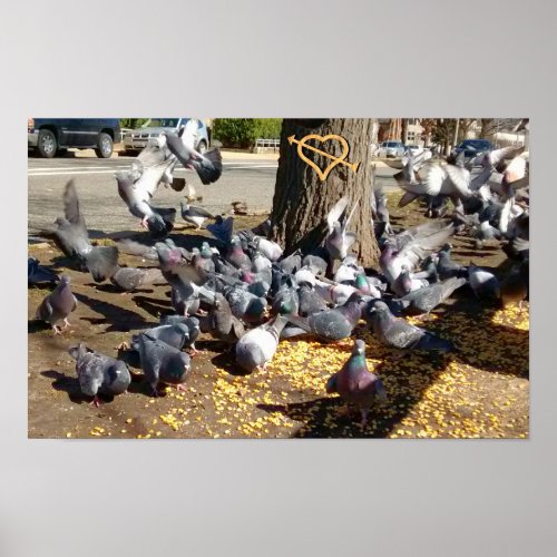 Pigeons Gathering Around Tree with Heart Poster